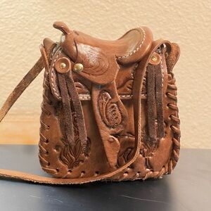 Super Darling Mini Leather Saddle Purse Hand Tooled w/ Flowers n Horses L@@k >>>
